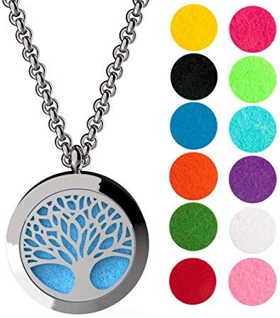 Wild Essentials Tree of Life Essential Oil Diffuser Necklace, Stainless Steel Locket Pendant with 24 inch Chain, 12 Color Refill Pads, Customizable Color Changing Perfume Jewelry for Aromatherapy