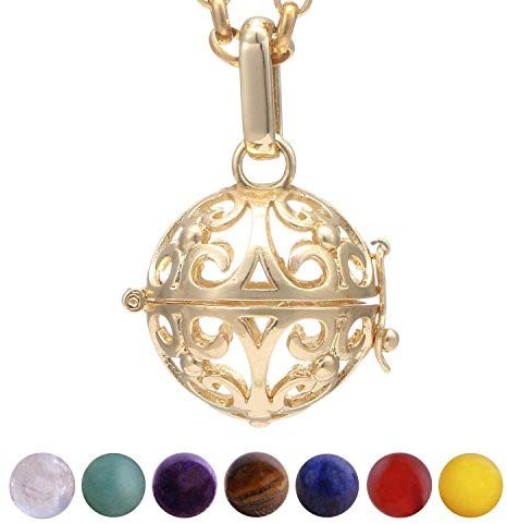 Morella Damen Halskette 70 cm Edelstahl Gold mit Anhänger Ornament und 7 Edelsteinen Chakren-Kugeln in Schmuckbeutel