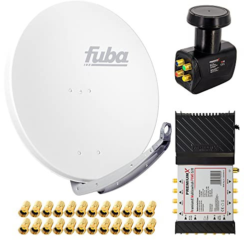PremiumX Satelliten-Komplettanlage Fuba DAA 850 W Satellitenschüssel Alu Weiß 5/8 Multischalter Quattro LNB 24x F-Stecker, 1 SAT 8 Teilnehmer