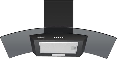 Cookology CGL900BK/A Cooker Hood Chimney Kitchen Extractor Fan 90cm, Recirculating & Ducting Wall Mounted, Curved Glass, Energy Rating A, 3 Speed Settings, LED, Adjustable Height - Black