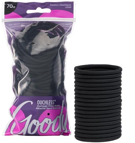 Goody Ouchless Hair Elastics – No Pull, No Breakage, Tangle-Free Hold for Thick, Curly, Coily & Textured Hair – 70 Count, Black, Long-Lasting Ponytail Holders for Women & Men