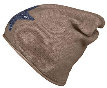 Cashmere Dreams Slouch-Beanie-Mütze mit Kaschmir - Hochwertige Strickmütze für Damen Mädchen - Hat - Pailletten Stern - One Size - Sommer Herbst und Winter Zwillingsherz (beige/blau)