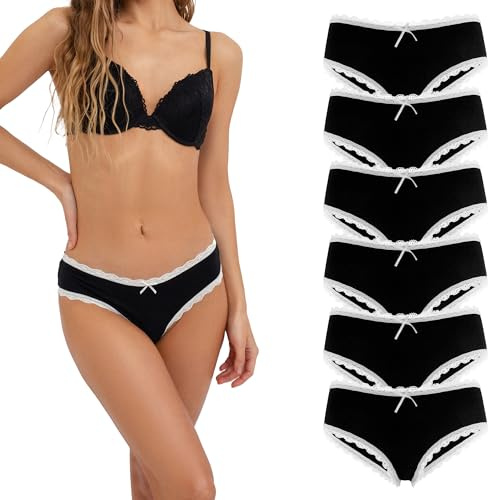 Fabio Farini - 6 Stück Damen Hipster Baumwoll Unterhosen Frauen Höschen Slips Panties Unterwäsche - Hotpants Brazilian mehrpack 6X Schwarz mit weißer Spitze 38
