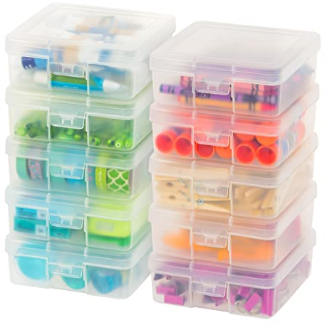 IRIS USA Plastic Pencil Case Box Craft Hobby Art School Supply Storage Organizer Container with Latching Lid, 10-Pack, for Bead Pens Ribbons Wahi Tape Sticker Yarn Ornaments, Stackable, Clear, Small