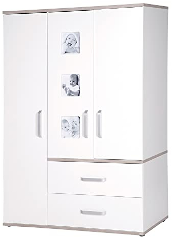 roba Kleiderschrank Babyzimmer 'Moritz', Kinderschrank 3-türig mit 3 Bilderrahmen, weiß, 'Luna Elm'