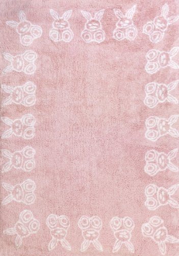 Aratextil. Alfombra Infantil 100% Algodón lavable en lavadora Colección Conejitos Rosa 120x160 cms