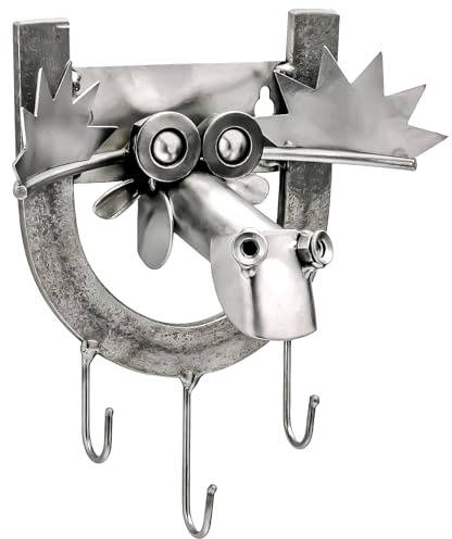 STEEMO Schraubenmännchen Elch-Motiv Schlüsselbret - Metall-Kunst Schlüsselbrett 3 Haken - Stahl, grau 20x10x20 cm
