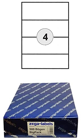 2.000 Etiketten 210 x 74 mm selbstklebend auf DIN A4 Bögen (1x4 Etiketten) - 500 Blatt Bigpack - Universell für Laser/Inkjet/Kopierer einsetzbar