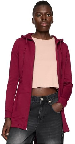 URBAN CLASSICS Felpa Lunga con Cappuccio da Donna, Cardigan Lungo con Zip a Coulisse, Felpa da Donna a Maniche Lunghe con Tasche, Maglione con Cappuccio, Colore burgundy, taglia S