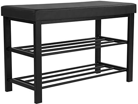 SONGMICS Shoe Bench, 3-Tier Shoe Rack for Entryway, Storage Organizer with Foam Padded Seat, Faux Leather, Metal Frame, for Living Room, Hallway, 12.2 x 31.9 x 19.3 Inches, Black ULBS58H