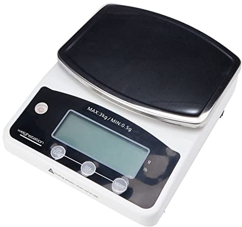 Vogue Electronic Kitchen Scales 3 kg, White, Small Electronic Scales with Stainless Steel Platform, Graduation: 0.5 grams/0.025 oz, Large Digital Display, Weigh in lb/kg, Mains & Battery, F201