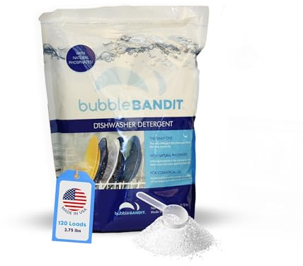 Bubble Bandit Detergente en polvo para lavavajillas con fosfato. El mejor detergente para lavavajillas para platos impecables en agua dura. Todo en uno (remojar, lavar y enjuagar). Una bolsa (3.7