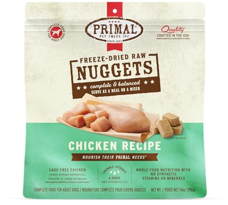 Primal Freeze Dried Dog Food Nuggets, Chicken; Complete Balanced Meal, Topper or Treat; Premium, Healthy, Grain Free, High Protein Raw Dog Food, 14 oz