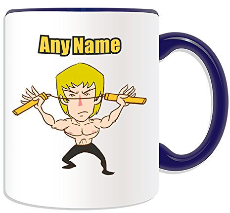 Nunchaku-Tasse, Motiv: Kung Fu, Kungfu, Kungfu, Waffe, Bruce Lee, gelbes Haar, personalisierbar, Motiv: Martial Arts Design, Farboptionen, personalisierbar