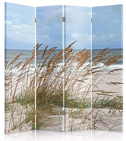 Feeby Paravent Gras Strand Meer 145x150 cm 4 Teilig Modern Design einseitig Raumteiler Wandschirme Foto Trennwand Raumtrenner Sichtschutz Spanische Wand auf Leinwand Bedruckt Weiß Blau