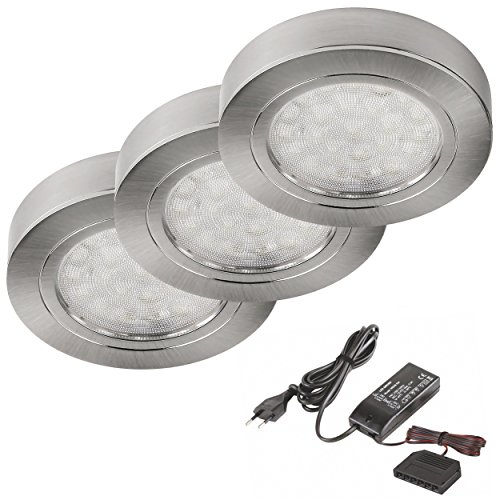 SSC-LUXon 3er Set LED Unterbau-Leuchte Edelstahl gebürstet rund, 2W warm-weiß, Ø65mm inkl.Trafo und 6-fach Verteiler