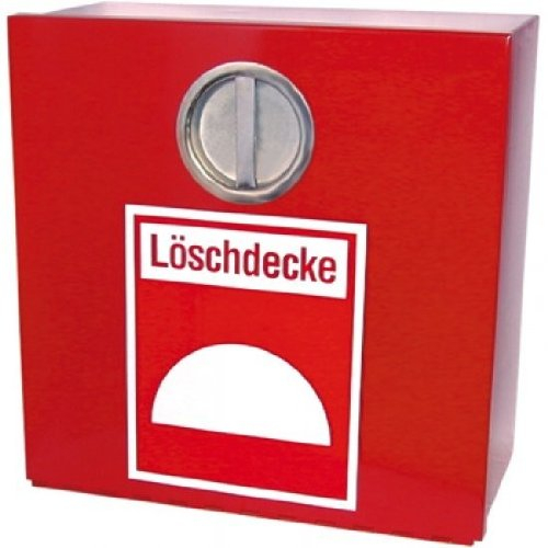 Löschdeckenbehälter LDB-3. aus Stahlblech . rot (RAL 3000) Aufkleber 'Löschdecke' mit Symbol. Maße: 310x310x150mm (HxBxT) Mit Drehgriff, nach vorne klappend