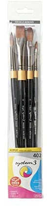 Daler-Rowney System3 Synthetic Hair Long-Handle Acrylic Brush Wallet Set, 4 Assorted Brushes, Ideal for Professional Artists & Students