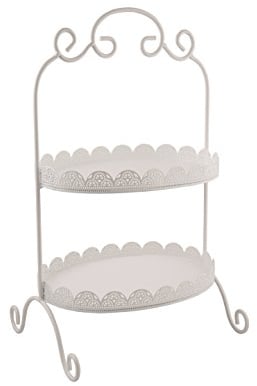 Grafelstein Etagere Amalia – Vintage-Stil Etagère, H46 x B28 x T21,5 cm, Weißes Metall, 2 Ovale Plateaus, Spitzenband-Optik – Dekorative Ablage für Ihr Zuhause