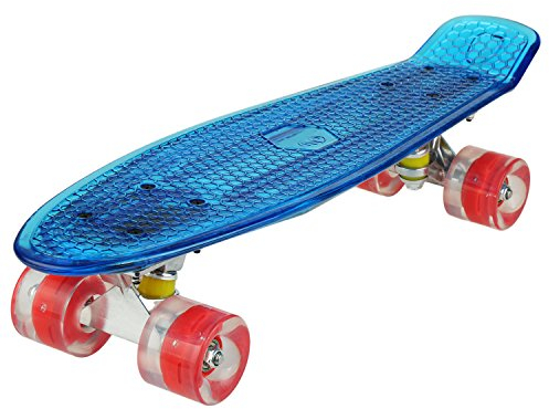 WeSkate Skateboard 22 Polycarbonat Kunstsoff Cruiser Pro Street Skate Board Ywhb-35 Deck in Blau mit LED/Rollen in Rot mit LED Deck mit LED und USB