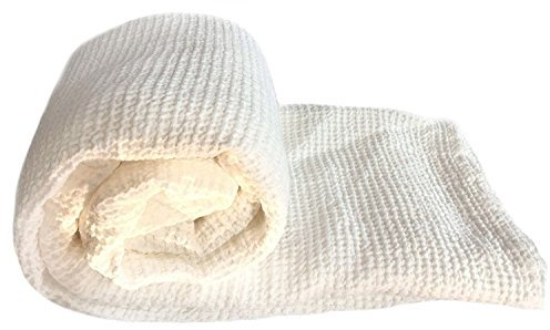 JOWOLLINA XXL Waffelpique Bettüberwurf Plaid Decke Leinenmischung Stonewashed vorgewaschen (220x240 cm, Off White)