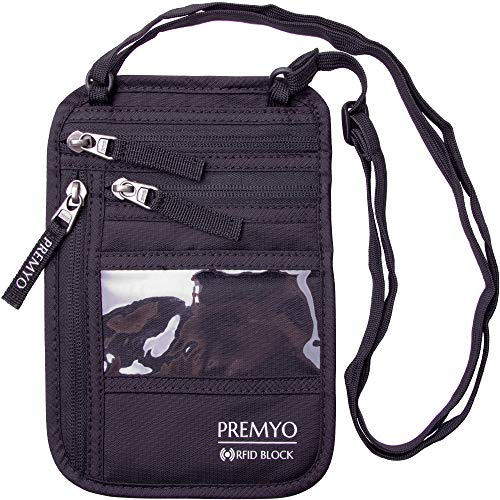 PREMYO Pochette Tour de Cou Antivol RFID Portefeuille de Voyage Sécurité Poche Secrète Passeport Argent Femme Homme Léger Fine Imperméable Noir