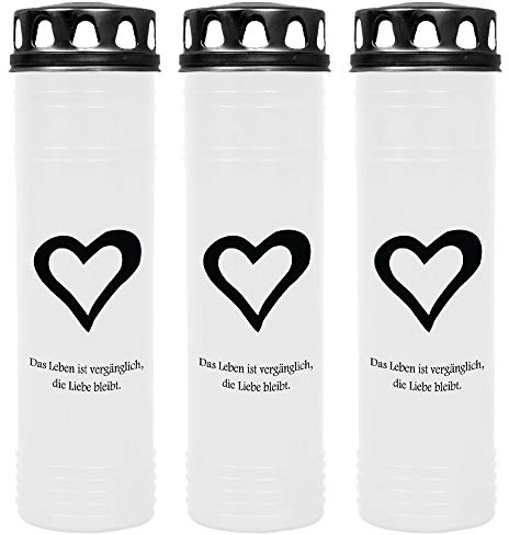 HS Candle Grabkerze - 3er Pack - (Deckel Schwarz) Grablicht ca. 7 Tage Brenndauer je Kerze - Motiv: Herz