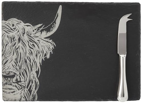 The Just Slate Company JS/CBGS/HC Highland Cow Cheese Board and Knife Gift Set, Slate