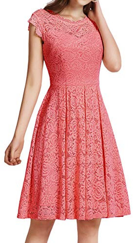 Meetjen Robe de soirée Cocktail Robe de Demoiselle d'honneur Dentelle Forme Princesse col Rond Manches Courtes Coral 2XL