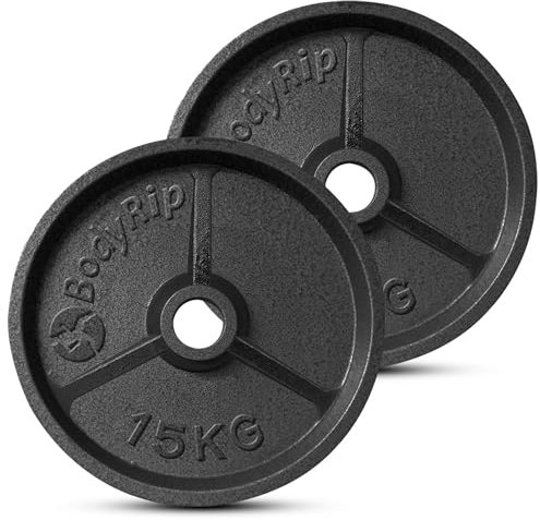 BodyRip Cast Iron Weight Plate | 2x 15kg, 2 Olympic Hole | Dumbbell or Barbell | Home Gym Training, Weightlifting