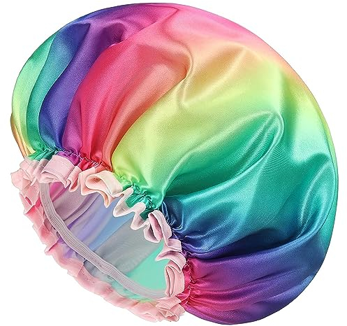 mikimini Large Shower Caps for Women, Waterproof, Reusable Shower Hats with Rainbow Print, Double-layered Bath Caps for Long Hair and Thick Hair
