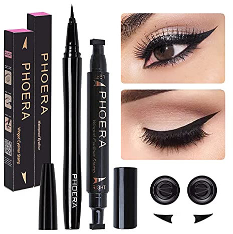 2 Packs Super Slim Precise Felt Tip Liquid Eyeliner Pen & Dual Ended Winged Eyeliner Stamp, Waterproof Long Lasting Smudge-proof Liquid Eye Makeup Seal Stamp Tool for Wing or Cat Eye