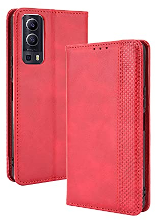 WEIOU Hülle für VIVO Y72 5G Case, Premium TPU/PU Leder Klappbar Schutzhülle Tasche Handyhülle mit Standfunktion & Kartensteckplätzen, Rot