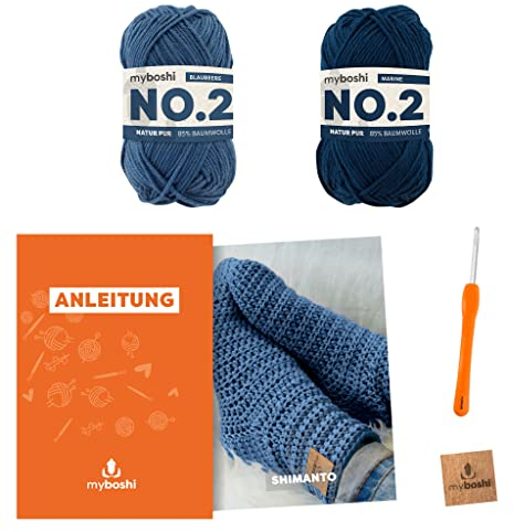 myboshi Häkelset Socken Shimanto, Häkelset für Anfänger, inkl. No.2 Wolle, Häkelnadel und Anleitung, Label, Häkelpaket, 85% Baumwolle, 15% Kapok Hellblau, mit Häkelnadel