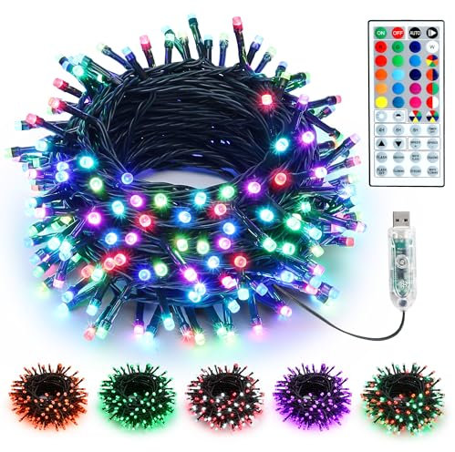 BrizLabs Luci Natalizie Esterni, 10M 100 LED USB Luci Colorate per Interni Cambiano Colore RGB Decorazione Natalizia Impermeabile con Telecomando Timer per Giardino Albero Camera Festa Halloween