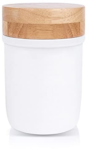 Französischer Buttertopf für Arbeitsplatte – Keramik-Butterbehälter im Bauernhaus-Stil mit Holzdeckel – weiße französische Butterdose mit Wasser für frische und streichbare Butter