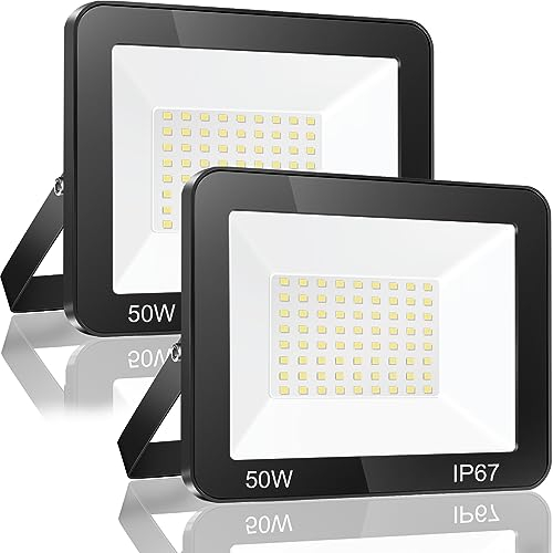 YIQIBRO 50W LED Strahler Außen 2 Stück, IP67 Wasserfest Fluter Flutlicht, 5000LM 6500K Kaltweiß Superhell LED Scheiwerfer Aussenstrahler für Lager, Garten, Garage, Hof, Terrasse