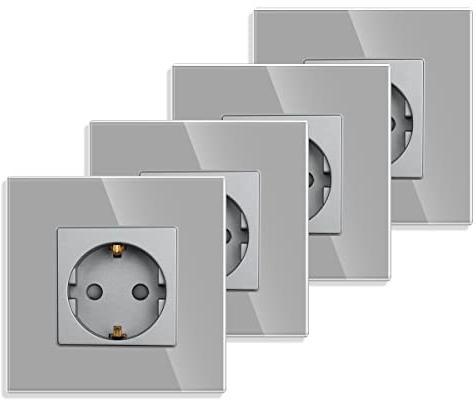 4er-Pack JIMEIDA Einzelsteckdose in Grau, 16Amp Glas Schuko Steckdosen Unterputz Schutzkontakt Wandsteckdose-86mm, 250V, 1 Fach