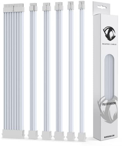 Reaper Cable Sleeved PSU Extension Set - Power Supply Extensions - 24 Pin/ 2x 8 Pin/ 2x 6 Pin/ 4+4 Pin - With Configurable Combs - 30cm (All White)