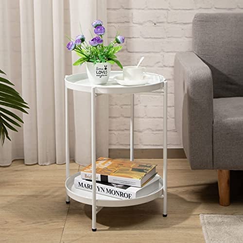 HollyHOME Table D'appoint Ronde Métal Petite Table Basse 2 Etages Bout de Canapé pour Salon Chambre Balcon Terrasse Jardin, Blanc
