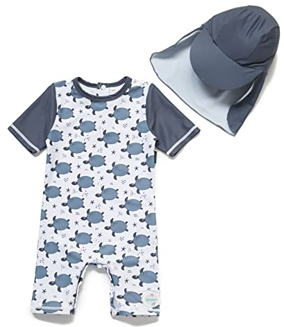 ADAVERANO Baby Jungen Sonnenanzüge UV50+ Badebeklideung EIN-Stück mit kurzen Sleeves mit Sonne Hut.(Die graue Schildkröte,80-86Cm)