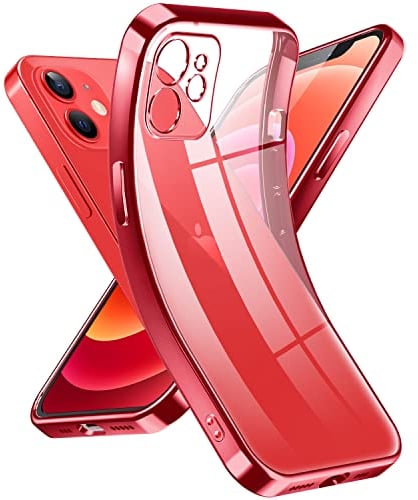 Supdeal Crystal Clear Hülle für iPhone 12, Niemals gelb mit Kameraschutz, Silikon Durchsichtig Handyhülle Weicher Passform, Ultra Dünn und Leicht Case Cover, 6,1, Rot