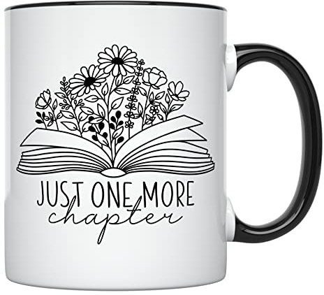 YouNique Designs Just One More Kapitel-Tasse, 325 ml, Buchliebhaber-Geschenke, Bibliothekarische Geschenke für Leser, Buchliebhaber, Frauen, Buchbecher, Bücherwurm-Geschenke (schwarzer Griff)