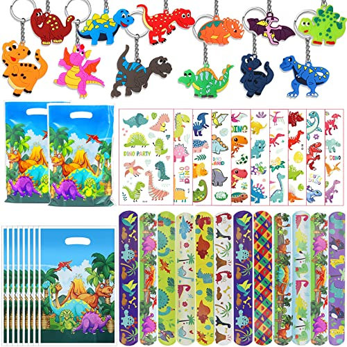 44Pcs Dinosaure Anniversaire Fête Faveurs, Pinata Anniversaire avec Porte Clé Dinosaure Slap Bracelet Tatouage Temporaire Sacs de Fête Pour Enfants Fille Garçon