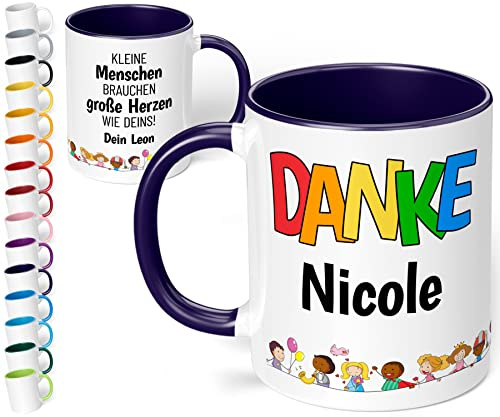 Kita Abschiedsgeschenk für Erzieherin: Kaffee-Tasse personalisiert mit Namen „Danke WUNSCHNAME – Kleine Menschen brauchen große Herzen wie Deins!“ - Dankeschön Kindergarten Krippe (Kobaltblau)