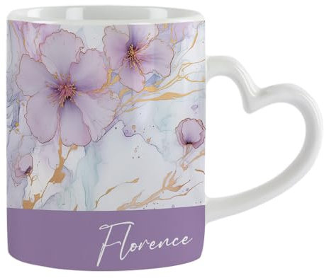 Getagift Personalised Mug, Purple Floral Pattern with Name, Heart Handle Coffee, Tea Mug. (White)