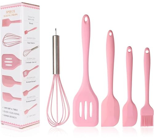 Silicone Cooking Küchenutensilien-Set - Spachtelbürsten Backwaren Ölbürste Schneebesen Schlitzwender - Küchenutensilien Antihaft & Hitzebeständig zum Kochen Rosa