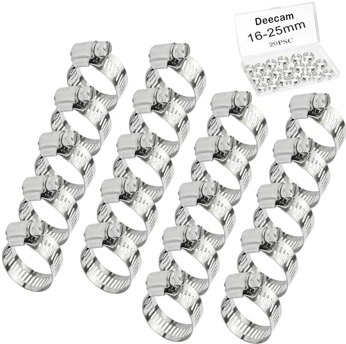 Deecam 20 Pièces Collier de Serrage Inox 16-25mm, Collier de Serrage Métallique Tuyau Réglable, Largeur 8mm, Épaisseur 0.6mm, pour conduits de carburant, tuyaux d'eau, tubes à gaz.
