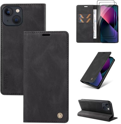 Beajew Compatible with iPhone 13 Case +2 pieces Glass Screen Protector, Premium Leather Folio Flip Cover Magnetic Closure Kickstand and Card Holder Wallet Protective case - Black