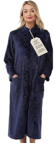 Lady Olga Vestaglie di lusso con cerniera da donna UK, giacca da letto in pile felpato da donna, abbigliamento da notte da donna, accappatoio lungo e vestaglia per la casa, taglia 10-24, Marina